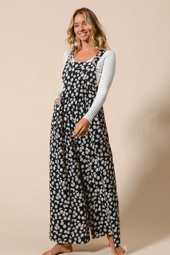 BiBi Daisy Print Textured Wide Leg Jumpsuit in Black