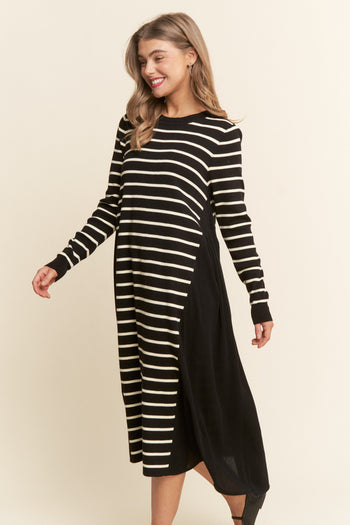 J.nna Color Block Striped and Solid Maxi Dress in Black White S J.nna Color Block Striped and Solid Maxi Dress in Black White S