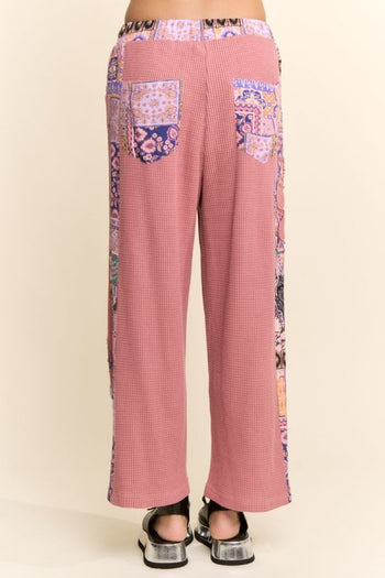 Davi & Dani Textured Knit Pants with Flower Patches in Dusty Rose