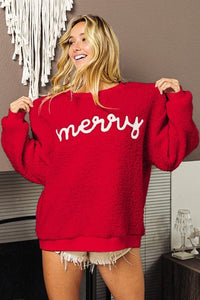 BiBi Christmas Sherpa Pullover with MERRY Lettering in Red/White Shirts & Tops BiBi   