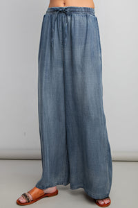 Easel Mineral Washed Chambray Wide Leg Pants in Washed Denim Pants Easel   