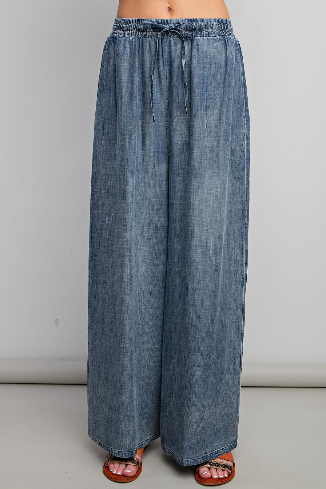 Easel Mineral Washed Chambray Wide Leg Pants in Washed Denim Pants Easel   
