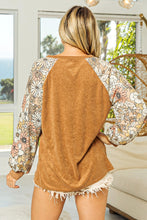 Load image into Gallery viewer, BiBi Loop Terry Knit Top with Floral Sleeves in Camel
