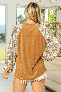 BiBi Loop Terry Knit Top with Floral Sleeves in Camel