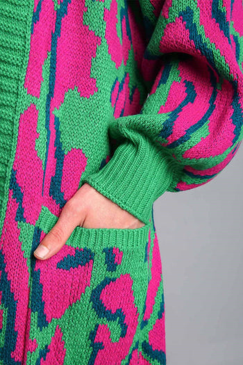 Umgee Animal Print Cardigan Sweater with Side Pockets in Green Mix