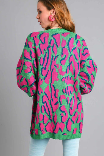 Umgee Animal Print Cardigan Sweater with Side Pockets in Green Mix