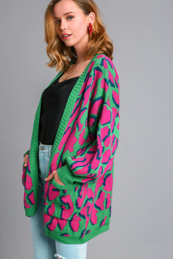 Umgee Animal Print Cardigan Sweater with Side Pockets in Green Mix