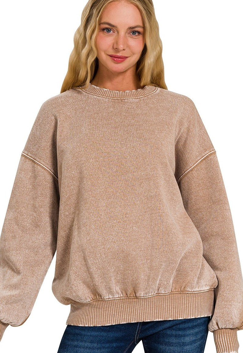 Oversized Acid Washed Sweater Top in Deep Camel