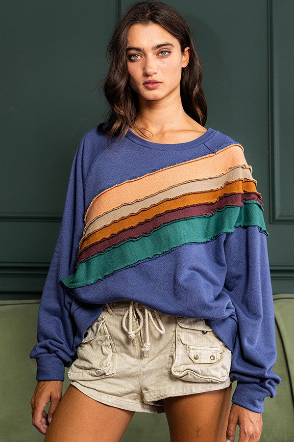 BucketList Contrasting Colors Stripe Detailed Top in Indigo Blue Shirts & Tops Bucketlist   
