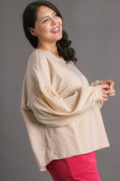 Umgee Solid French Terry & Waffle Knit Top in Stone