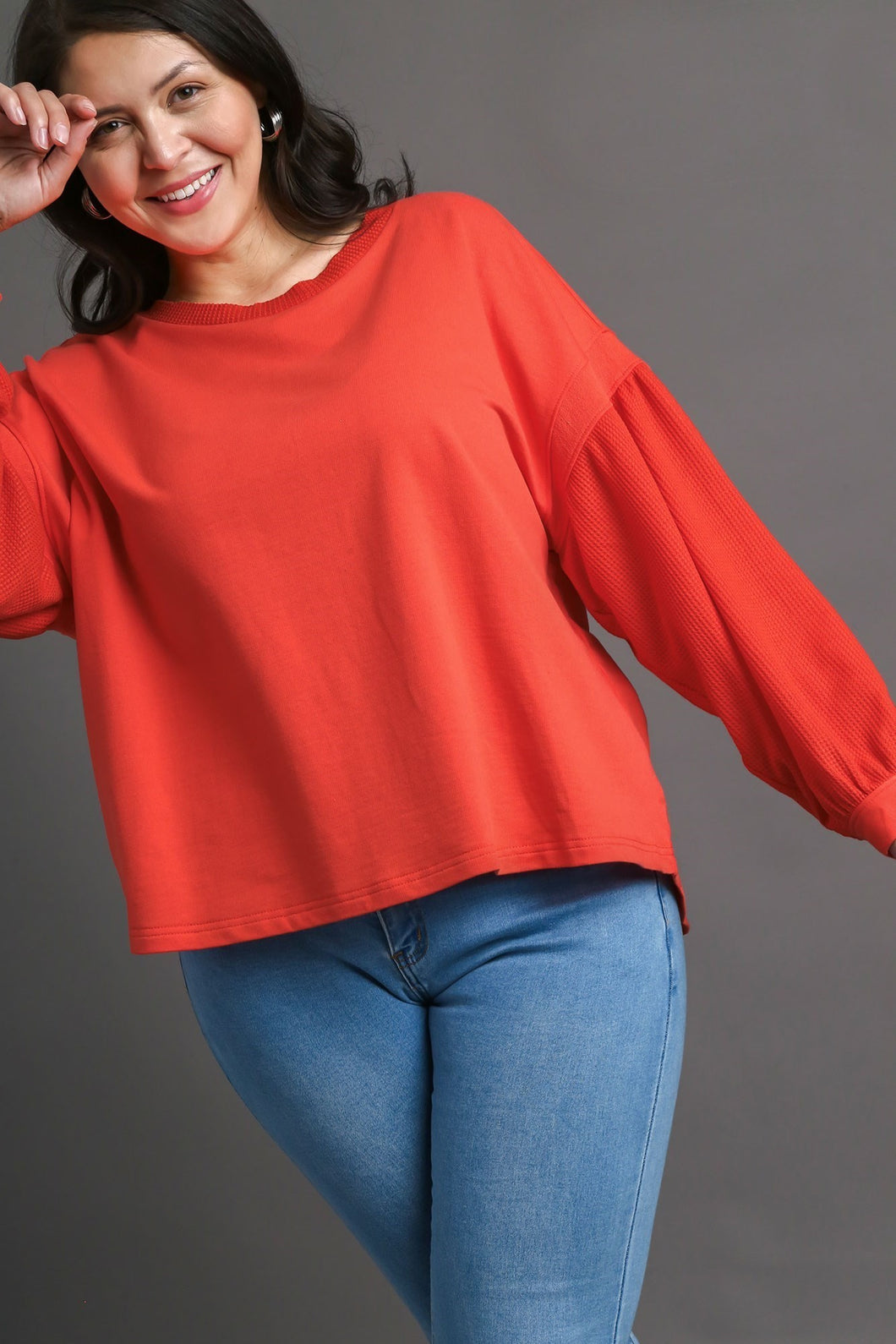 Umgee Solid French Terry & Waffle Knit Top in Orange Red