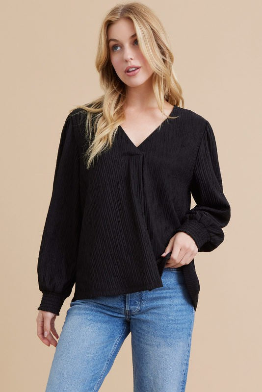 Jodifl Solid Color Striped Textured Top in Black Shirts & Tops Jodifl   
