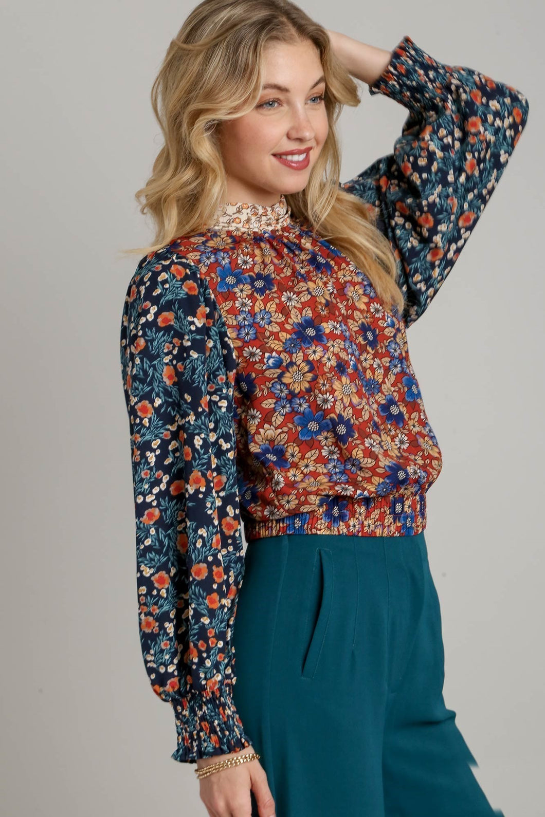 Umgee Metallic Mixed Floral Top in Brick Mix