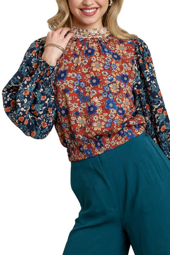 Umgee Metallic Mixed Floral Top in Brick Mix