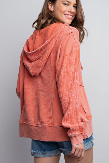 Easel Mineral Washed Cotton Gauze Hoodie in Brick Shirts & Tops Easel   