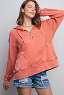 Easel Mineral Washed Cotton Gauze Hoodie in Brick Shirts & Tops Easel   