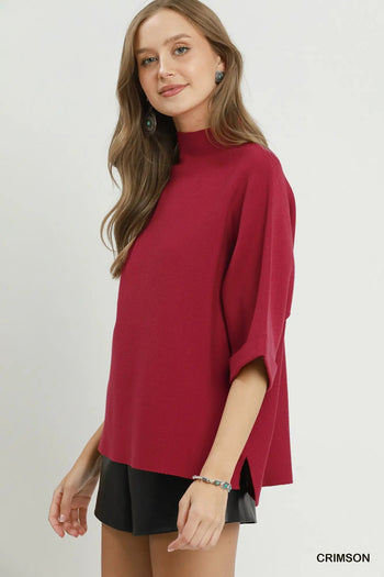 Umgee Mock Neck Dolman Sleeve Sweater Top in Crimson