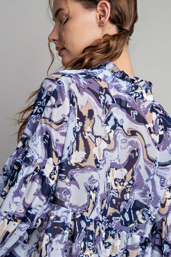 ee:some Semi-Sheer Marble Print Top in Slate Blue