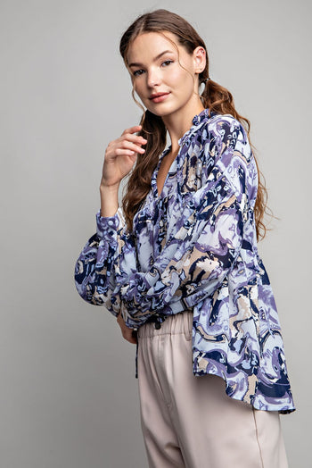 ee:some Semi-Sheer Marble Print Top in Slate Blue