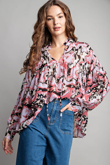 ee:some Semi-Sheer Marble Print Top in Lilac Rose