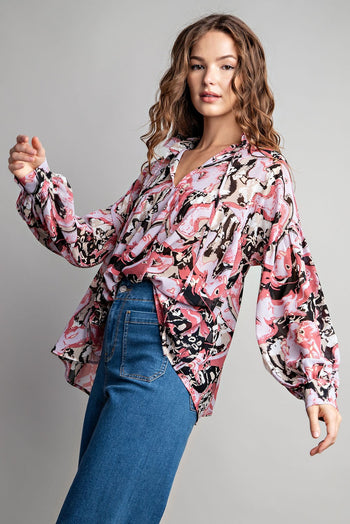 ee:some Semi-Sheer Marble Print Top in Lilac Rose