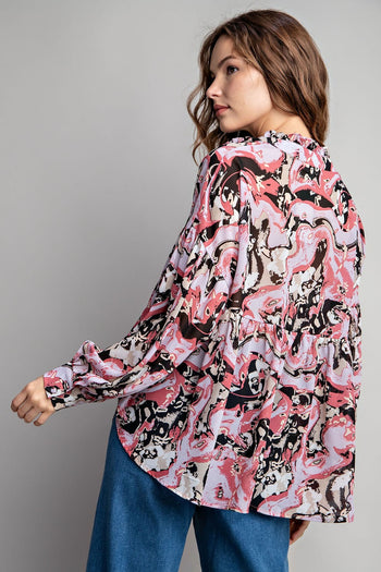 ee:some Semi-Sheer Marble Print Top in Lilac Rose