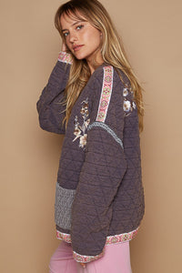 POL Open Front Quilted Jacket with Embroidery Details in Antique Navy