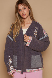 POL Open Front Quilted Jacket with Embroidery Details in Antique Navy