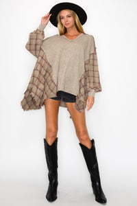 J.Her Thermal Knit and Plaid Print Top in Olive Shirts & Tops J.Her   
