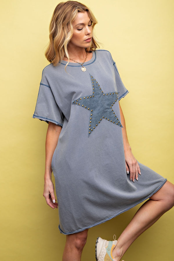Easel Star Patch T Shirt Dress in Washed Denim Dress Easel   