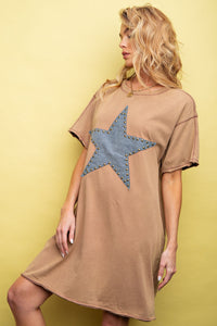 Easel Star Patch T Shirt Dress in Latte Dress Easel   