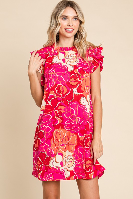 Jodifl Flower Print Smocked Ruffled Cap Sleeves Dress in Red Mix Dress Jodifl   