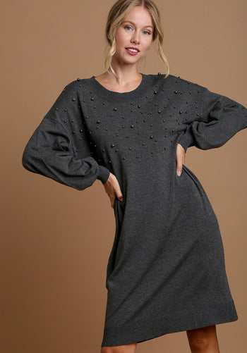 Umgee Pearl Round Neck Sweater Dress in Charcoal