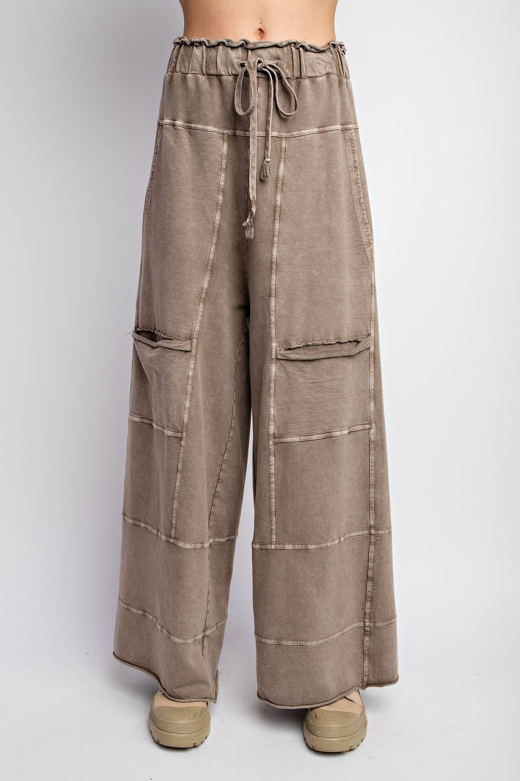 Easel Mineral Washed Terry Knit Pants in Mocha Pants Easel   