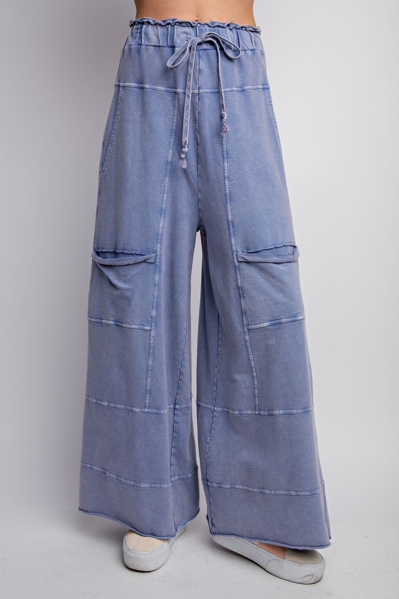 Easel Mineral Washed Terry Knit Pants in Washed Denim June Adel