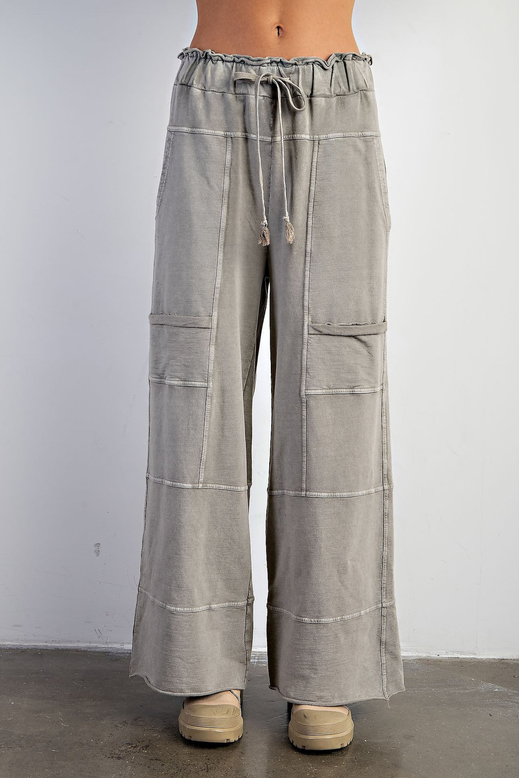 Easel Mineral Washed Terry Knit Pants in Olive Grey Pants Easel   