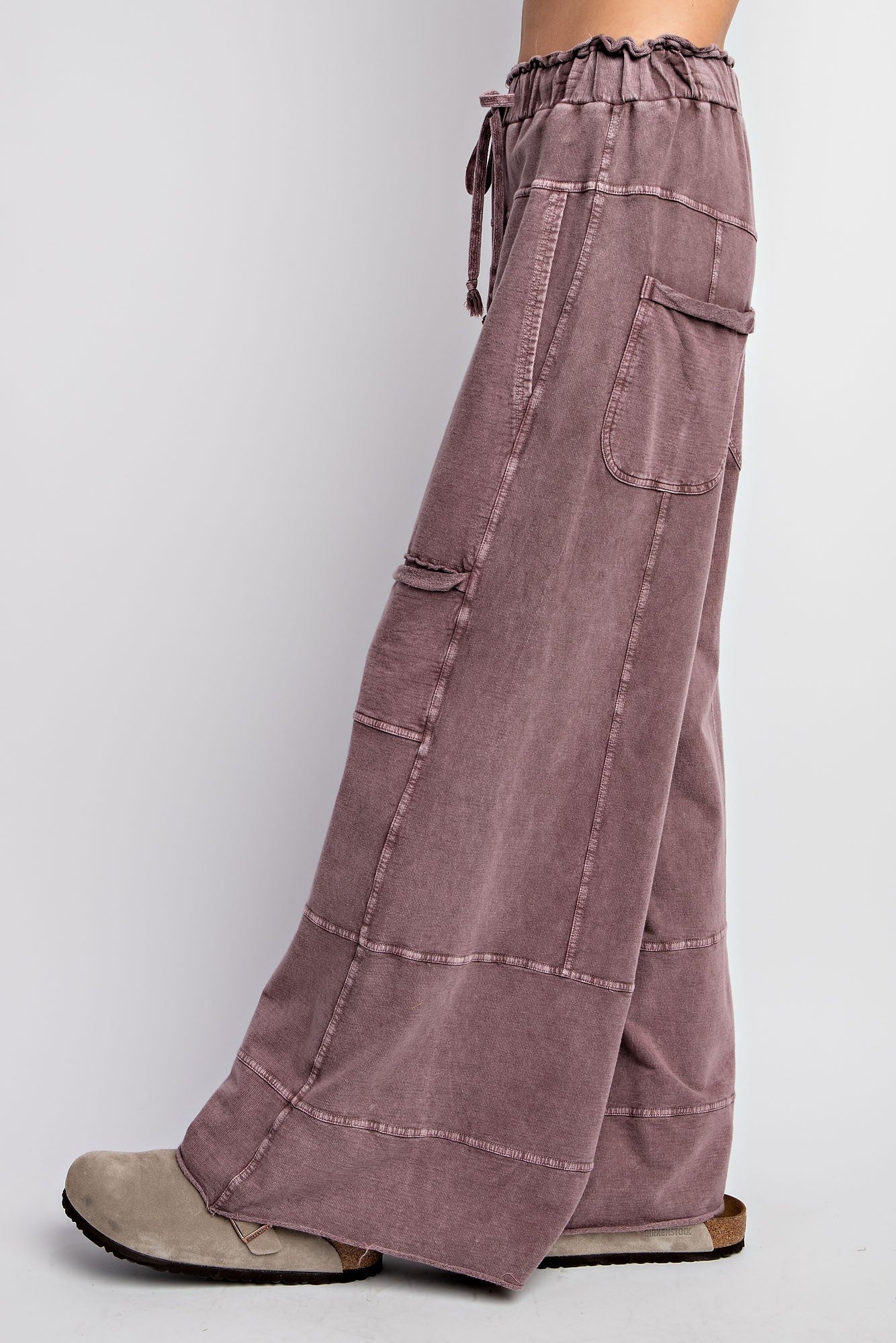 Easel Mineral Washed Terry Knit Pants in Dusty Plum June Adel