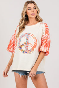 Sage+Fig Applique Peace Sign Patch with Contrasting Zebra Print in Tangerine Shirts & Tops Sage+Fig   