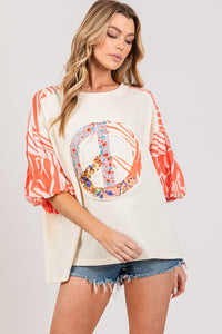 Sage+Fig Applique Peace Sign Patch with Contrasting Zebra Print in Tangerine Shirts & Tops Sage+Fig   