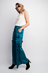 Easel Washed Satin Cargo Pants in Teal Pants Easel   
