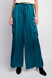 Easel Washed Satin Cargo Pants in Teal Pants Easel   