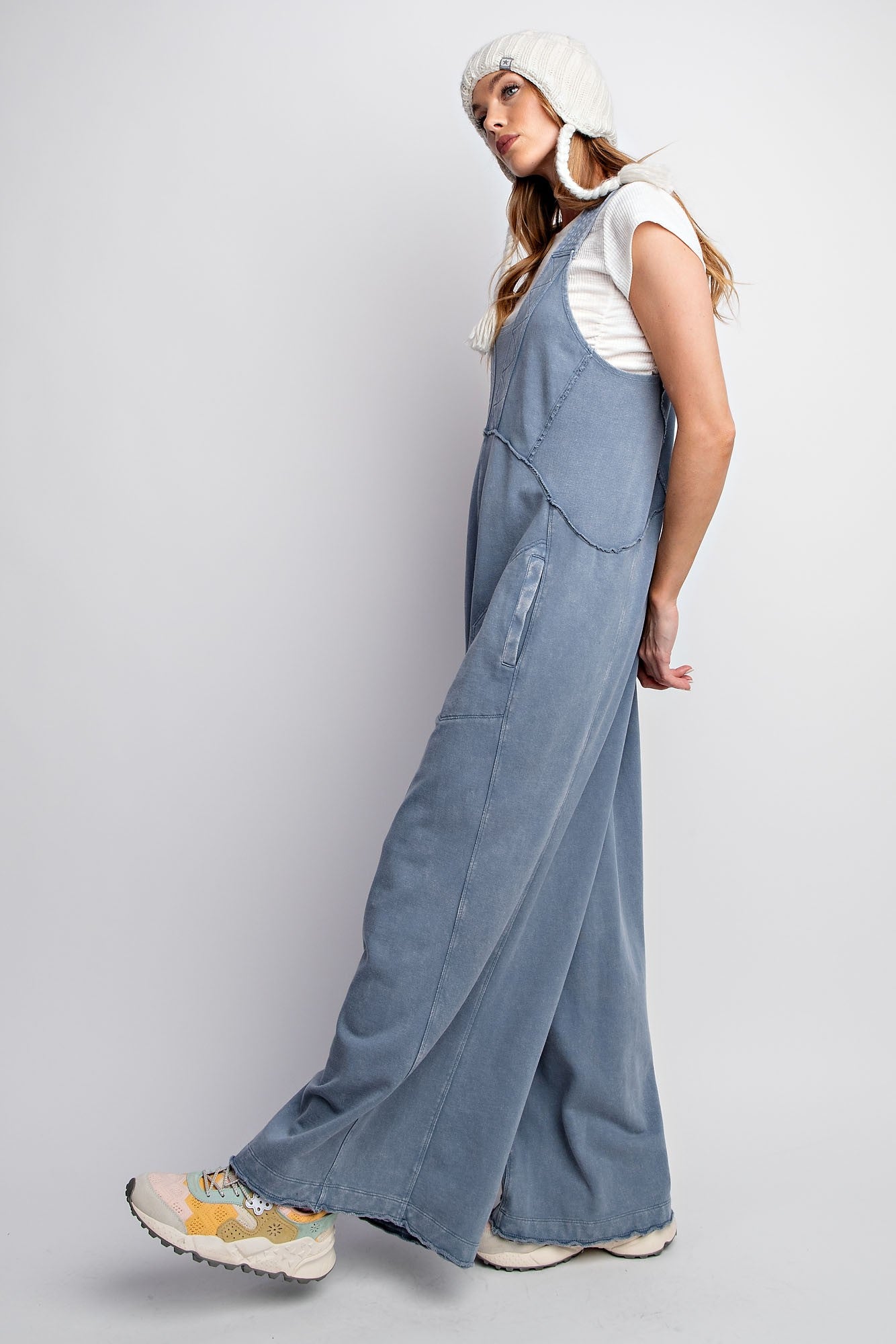 Easel Mineral Washed Terry Knit Jumpsuit in Denim ON ORDER – June Adel