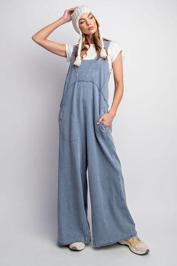 Easel Mineral Washed Terry Knit Jumpsuit in Denim ON ORDER Pants Easel   