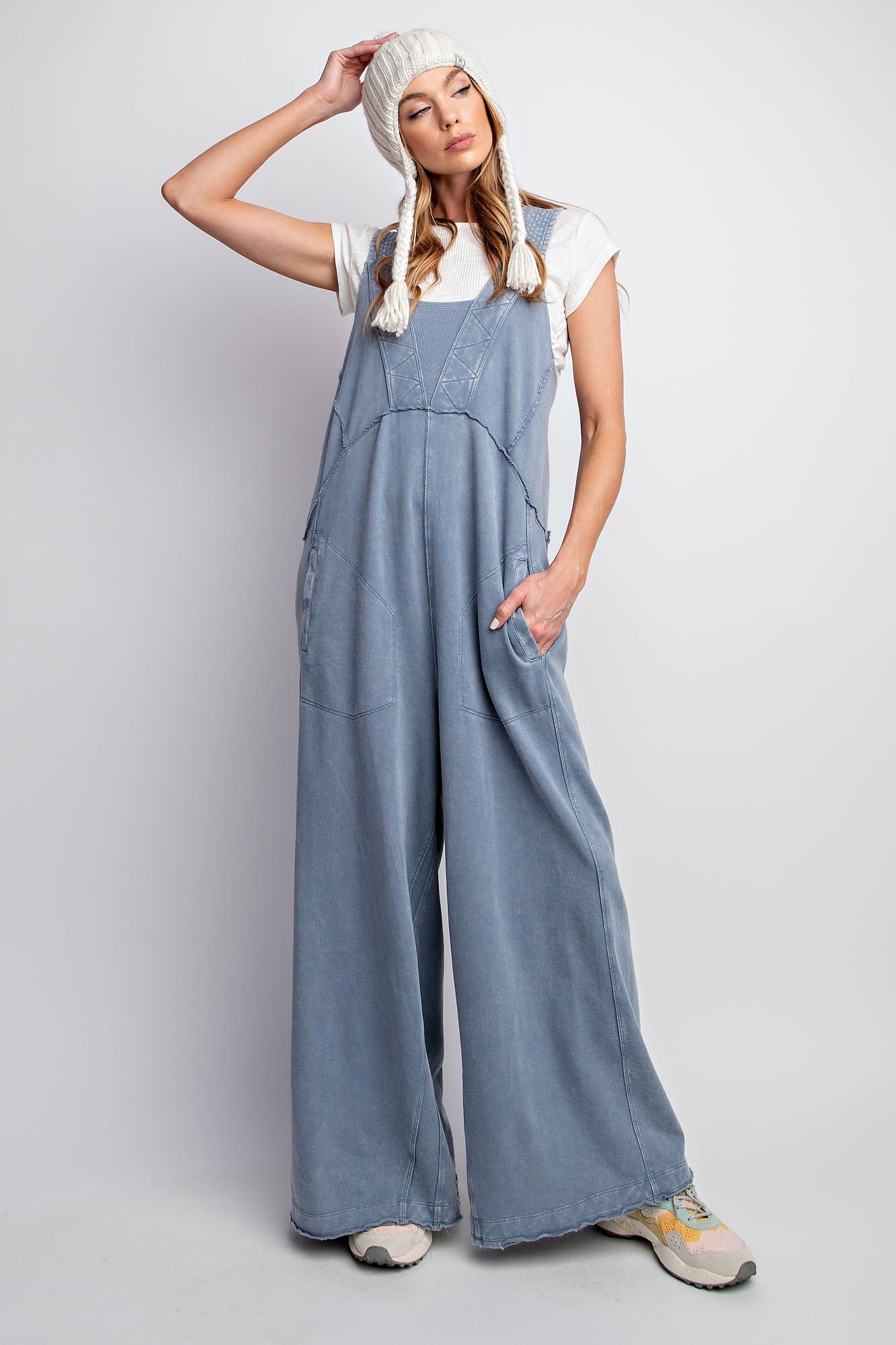 Easel Mineral Washed Terry Knit Jumpsuit in Denim ON ORDER – June Adel