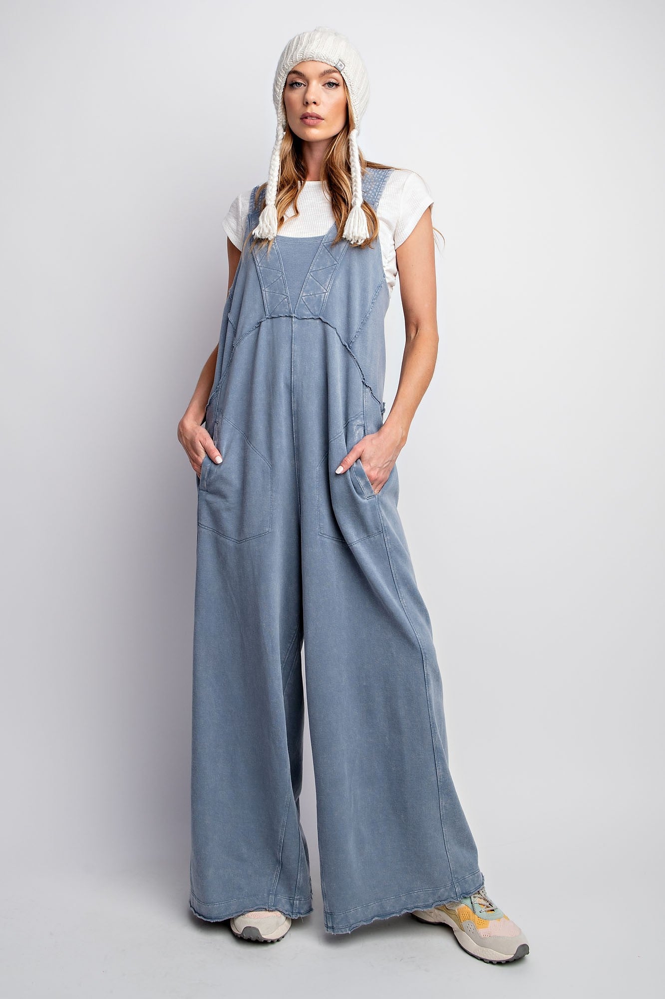 Easel Mineral Washed Terry Knit Jumpsuit in Denim ON ORDER – June Adel