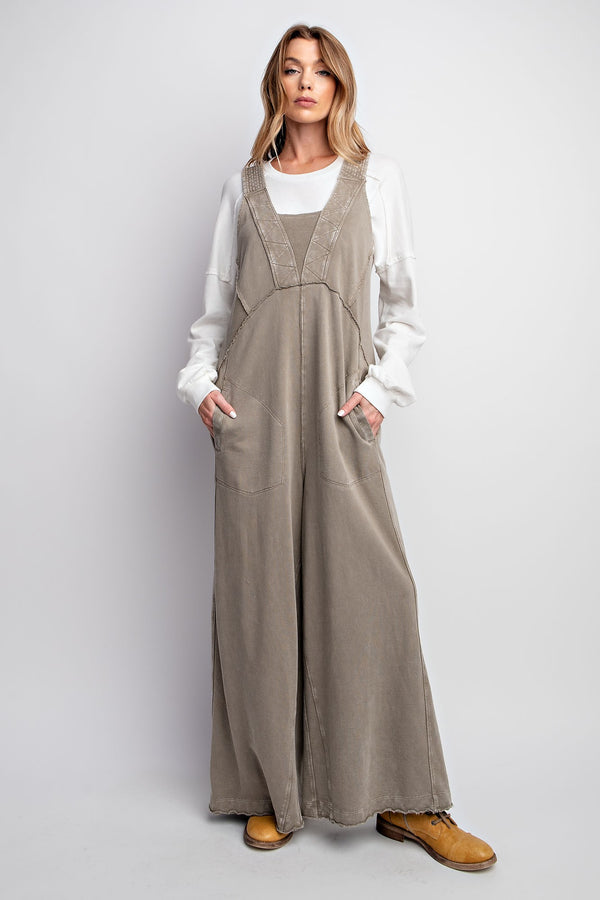 Easel Mineral Washed Terry Knit Jumpsuit in Mushroom Pants Easel   