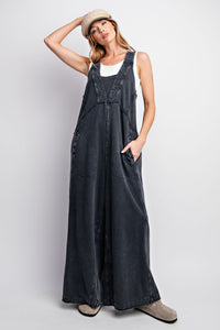 Easel Mineral Washed Terry Knit Jumpsuit in Black Pants Easel   