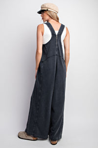 Easel Mineral Washed Terry Knit Jumpsuit in Black Pants Easel   