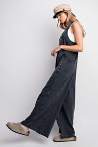 Easel Mineral Washed Terry Knit Jumpsuit in Black ON ORDER Pants Easel   