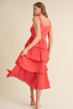 Load image into Gallery viewer, &amp;merci Mixed Media Pleated Tiered Midi Dress in Red Orange
